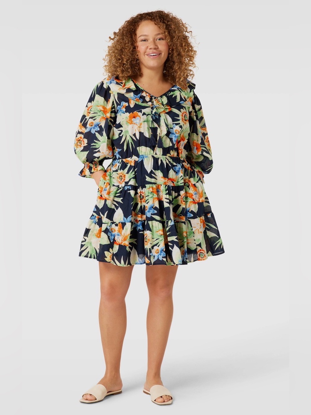 NWT Lauren Ralph Lauren Navy Floral Cotton Voile Dress with Ruffle V-Neck Collar